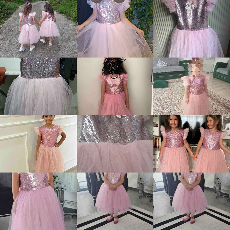 Kız Çocuk Gümüş Pul İşlemeli Kabarık Tüllü Abiye Elbise 43408