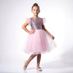 Kız Çocuk Gümüş Pul İşlemeli Kabarık Tüllü Abiye Elbise 43408