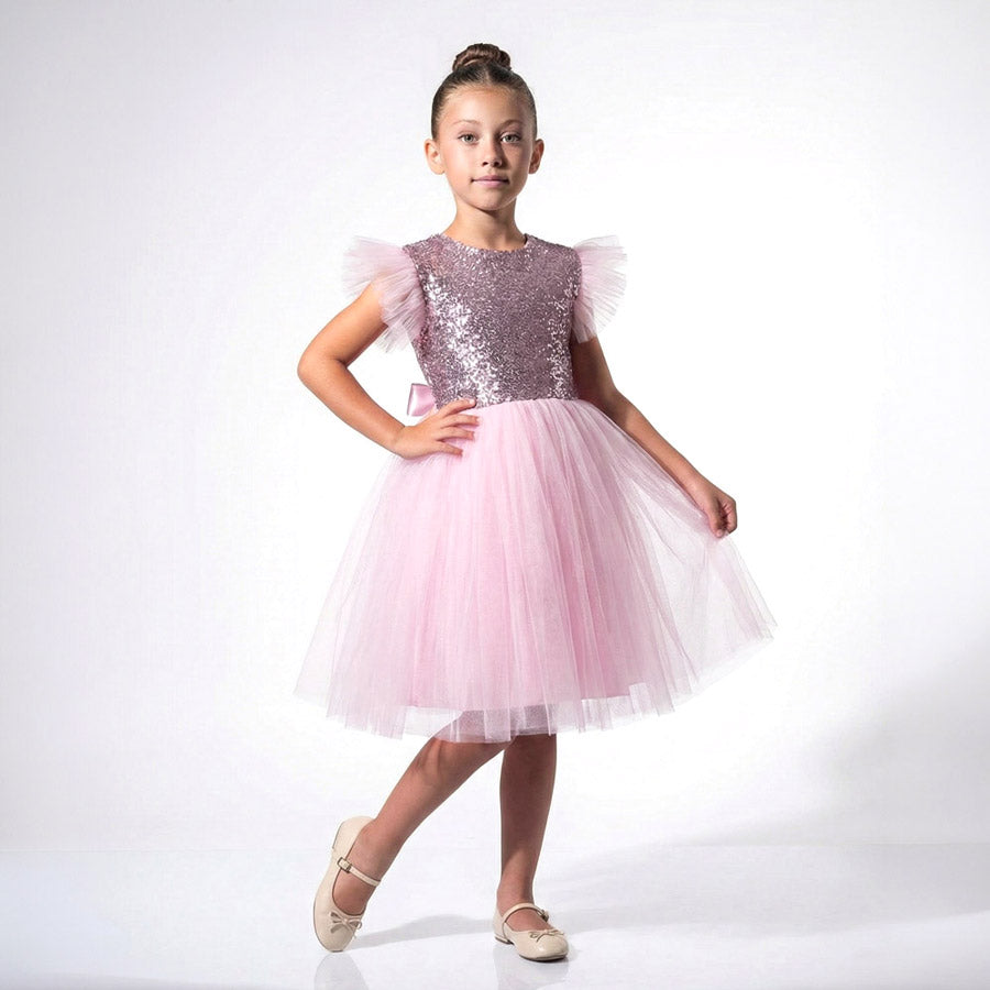 Kız Çocuk Gümüş Pul İşlemeli Kabarık Tüllü Abiye Elbise 43408