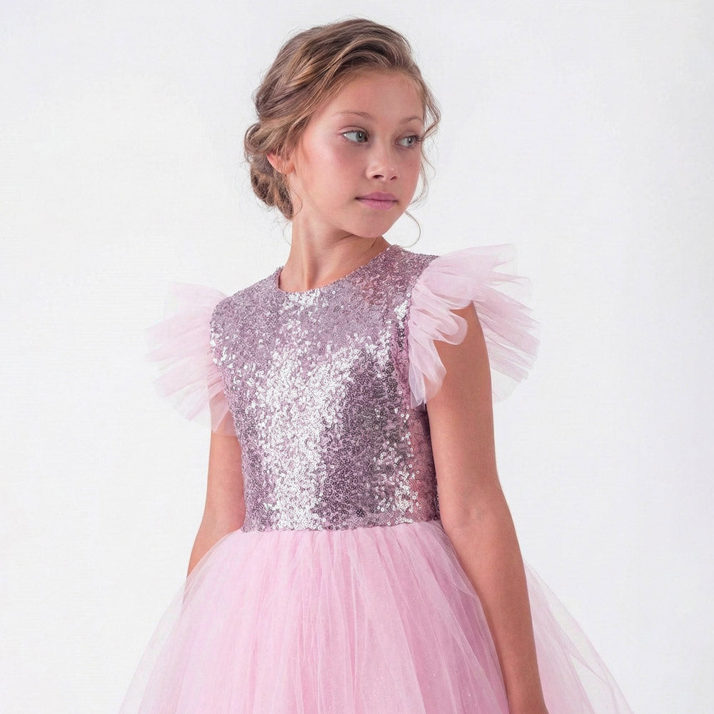 Kız Çocuk Gümüş Pul İşlemeli Kabarık Tüllü Abiye Elbise 43408