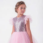 Kız Çocuk Gümüş Pul İşlemeli Kabarık Tüllü Abiye Elbise 43408