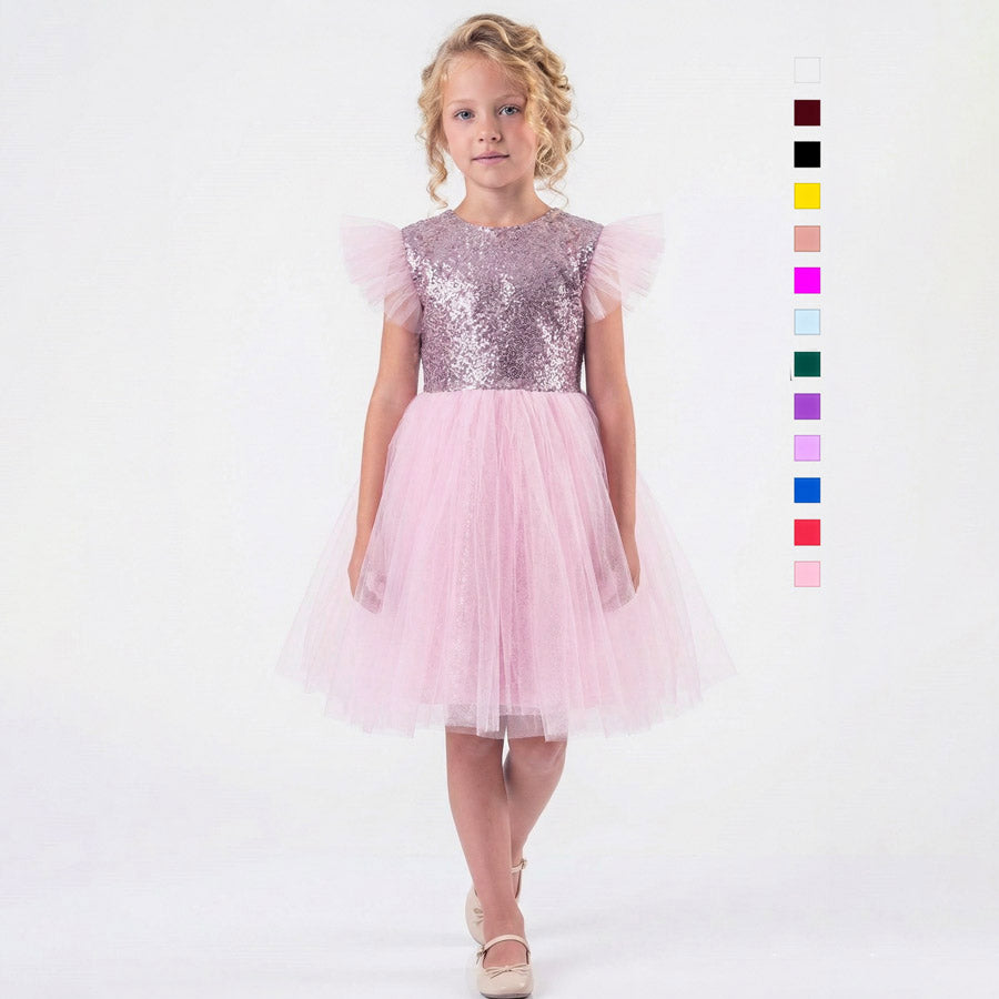 Kız Çocuk Gümüş Pul İşlemeli Kabarık Tüllü Abiye Elbise 43408