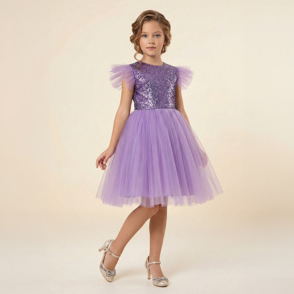 Kız Çocuk Gümüş Pul İşlemeli Kabarık Tüllü Abiye Elbise 43408