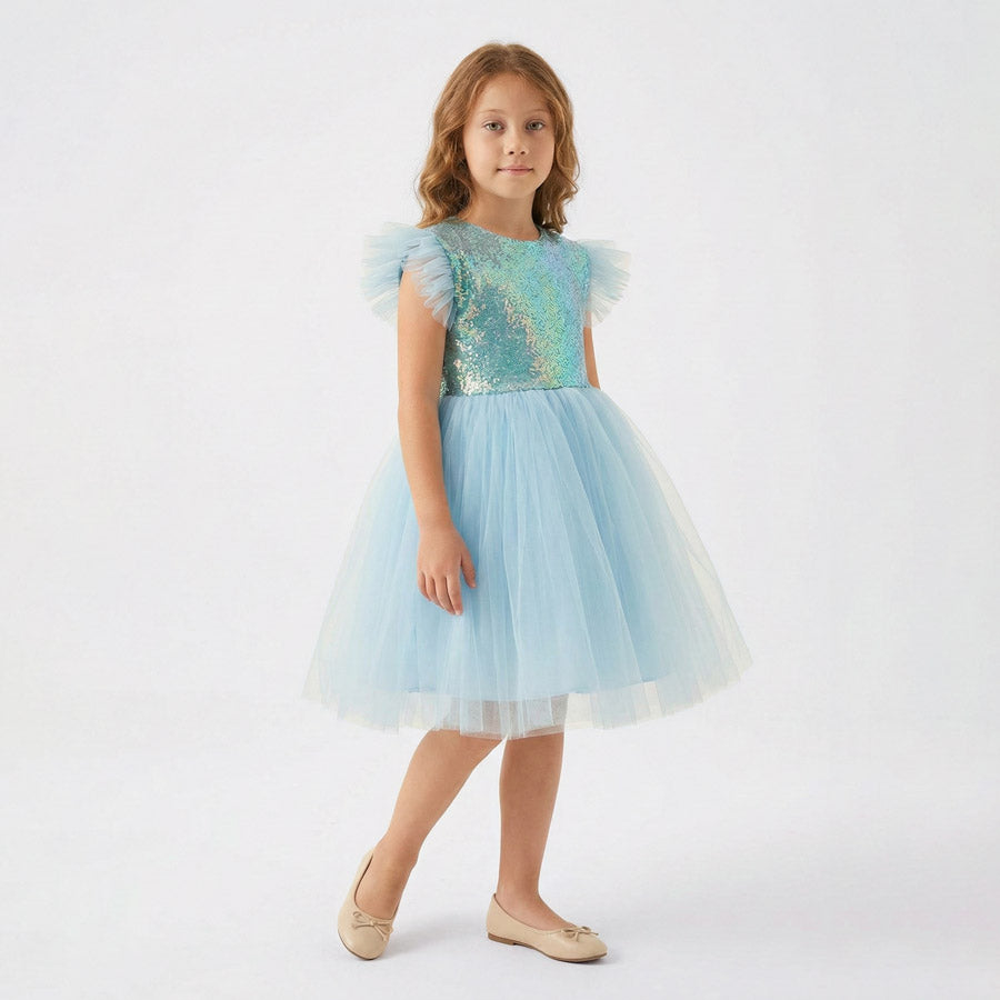 Kız Çocuk Gümüş Pul İşlemeli Kabarık Tüllü Abiye Elbise 43408