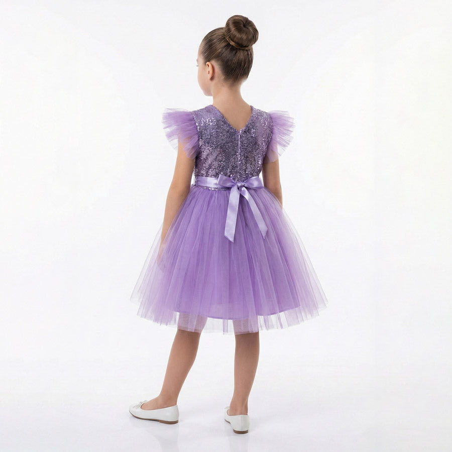 Kız Çocuk Gümüş Pul İşlemeli Kabarık Tüllü Abiye Elbise 43408