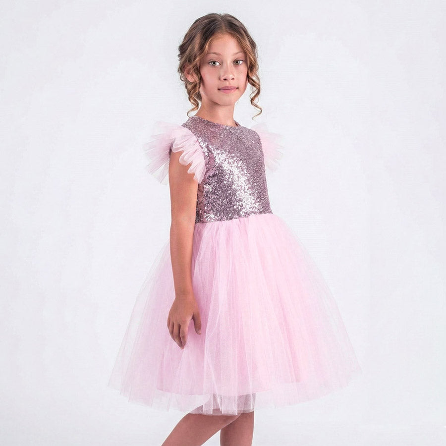 Kız Çocuk Gümüş Pul İşlemeli Kabarık Tüllü Abiye Elbise 43408