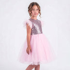 Kız Çocuk Gümüş Pul İşlemeli Kabarık Tüllü Abiye Elbise 43408