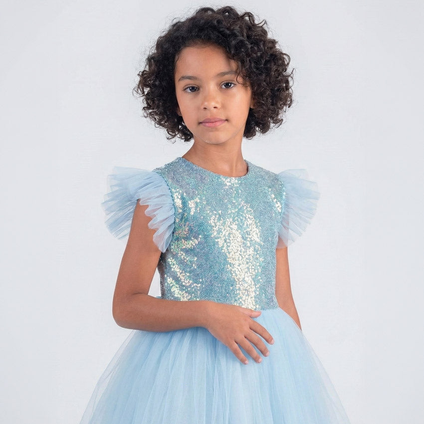 Kız Çocuk Gümüş Pul İşlemeli Kabarık Tüllü Abiye Elbise 43408