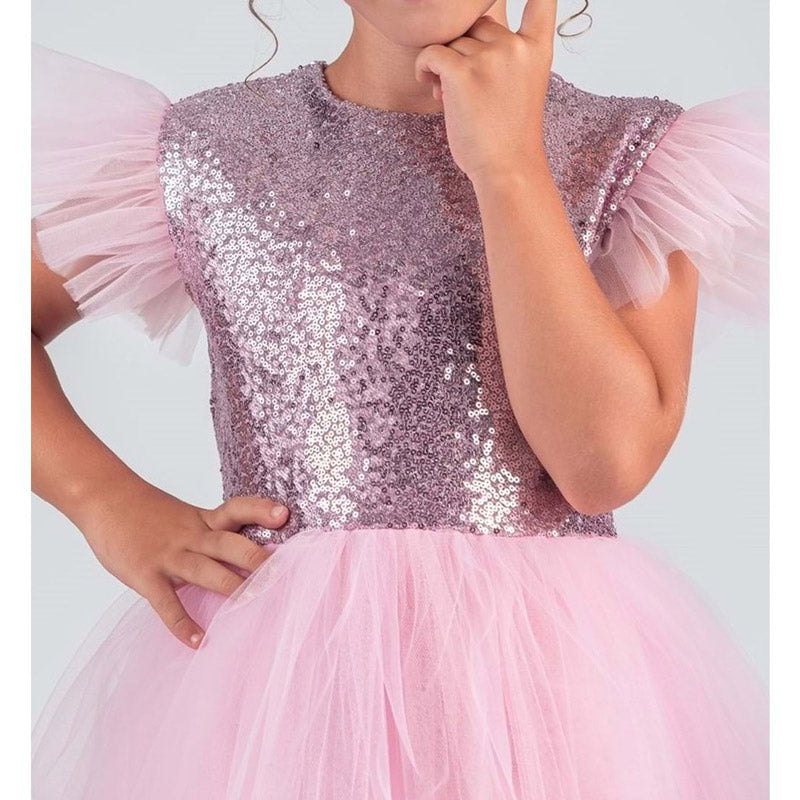 Kız Çocuk Gümüş Pul İşlemeli Kabarık Tüllü Abiye Elbise 43408