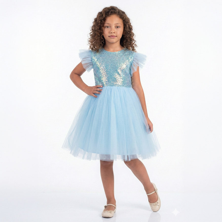 Kız Çocuk Gümüş Pul İşlemeli Kabarık Tüllü Abiye Elbise 43408