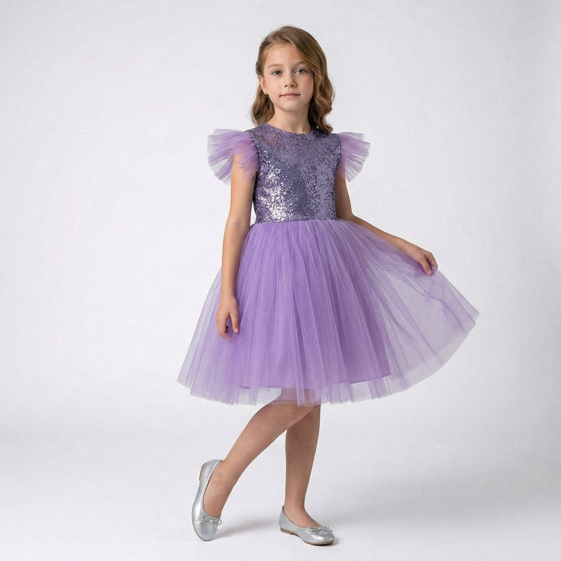 Kız Çocuk Gümüş Pul İşlemeli Kabarık Tüllü Abiye Elbise 43408