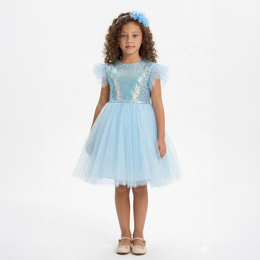 Kız Çocuk Gümüş Pul İşlemeli Kabarık Tüllü Abiye Elbise 43408