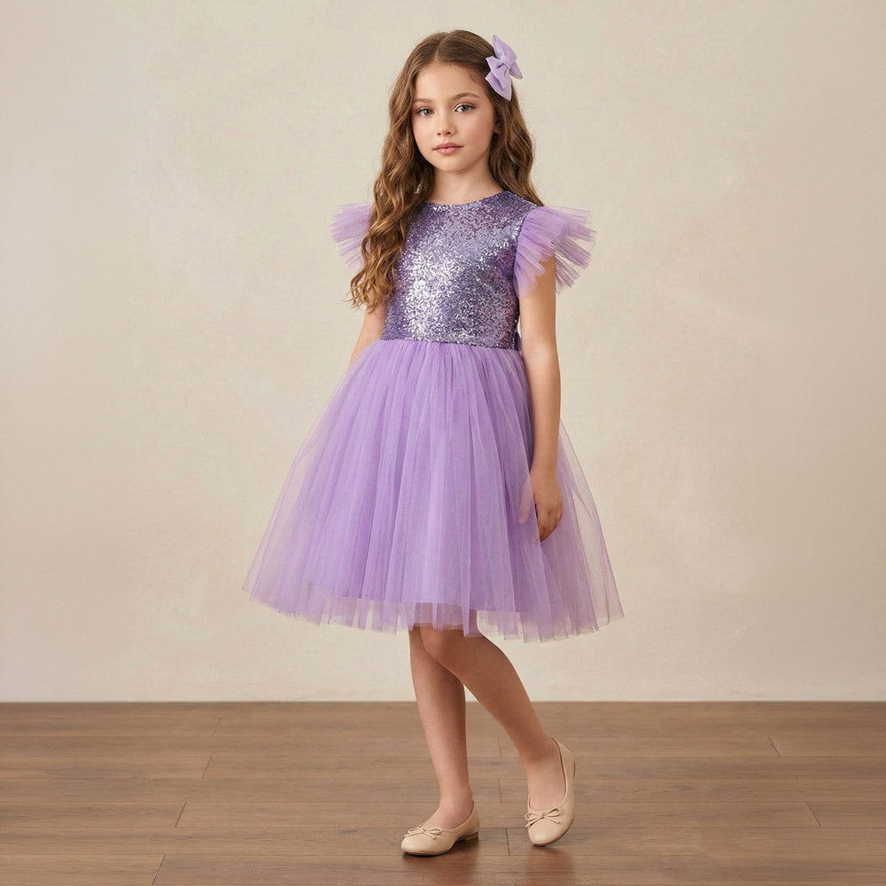 Kız Çocuk Gümüş Pul İşlemeli Kabarık Tüllü Abiye Elbise 43408