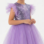 Kız Çocuk Gümüş Pul İşlemeli Kabarık Tüllü Abiye Elbise 43408