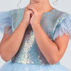 Kız Çocuk Gümüş Pul İşlemeli Kabarık Tüllü Abiye Elbise 43408