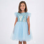 Kız Çocuk Gümüş Pul İşlemeli Kabarık Tüllü Abiye Elbise 43408