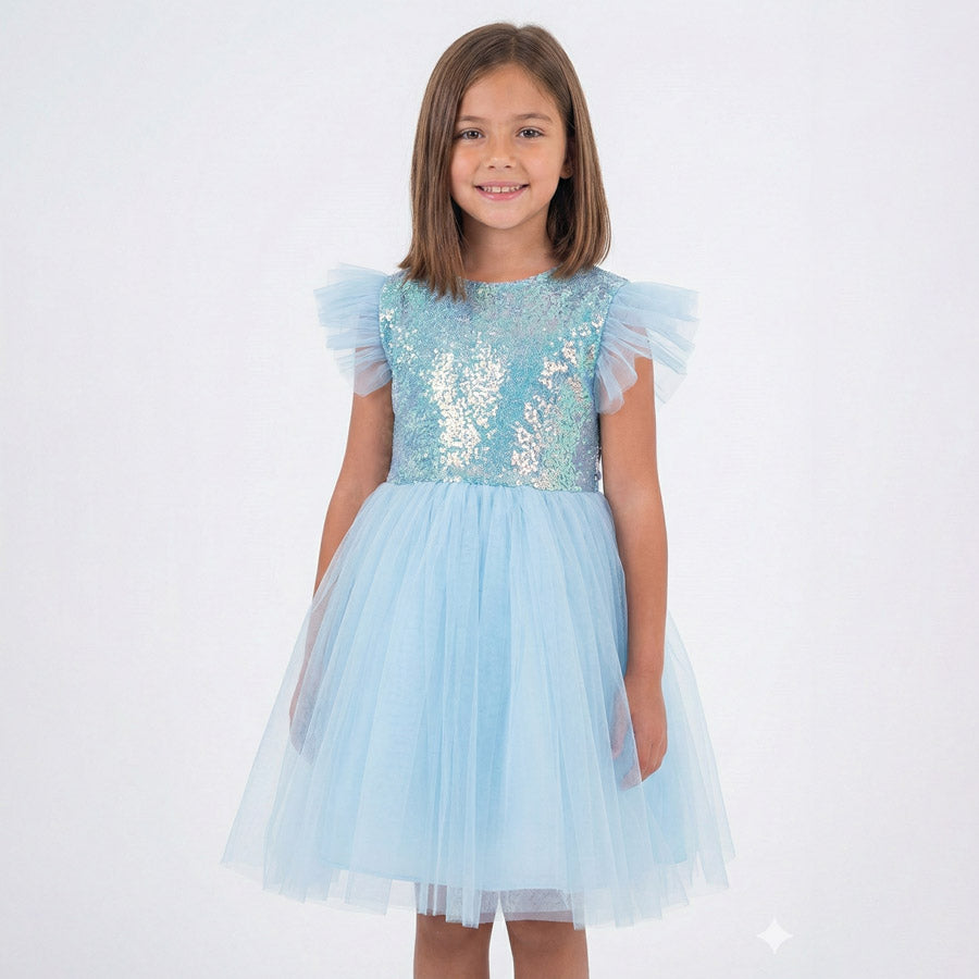 Kız Çocuk Gümüş Pul İşlemeli Kabarık Tüllü Abiye Elbise 43408