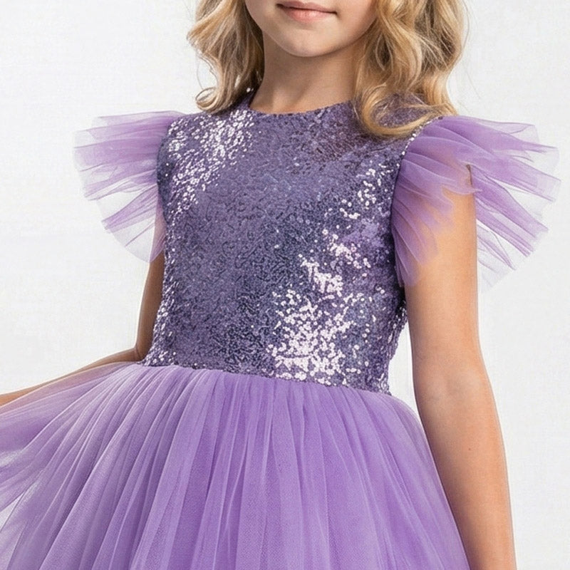 Kız Çocuk Gümüş Pul İşlemeli Kabarık Tüllü Abiye Elbise 43408