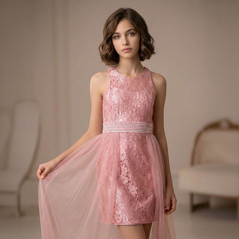 Kız Çocuk İnci Taşlı ve Tüllü Trend Abiye Elbise 18082