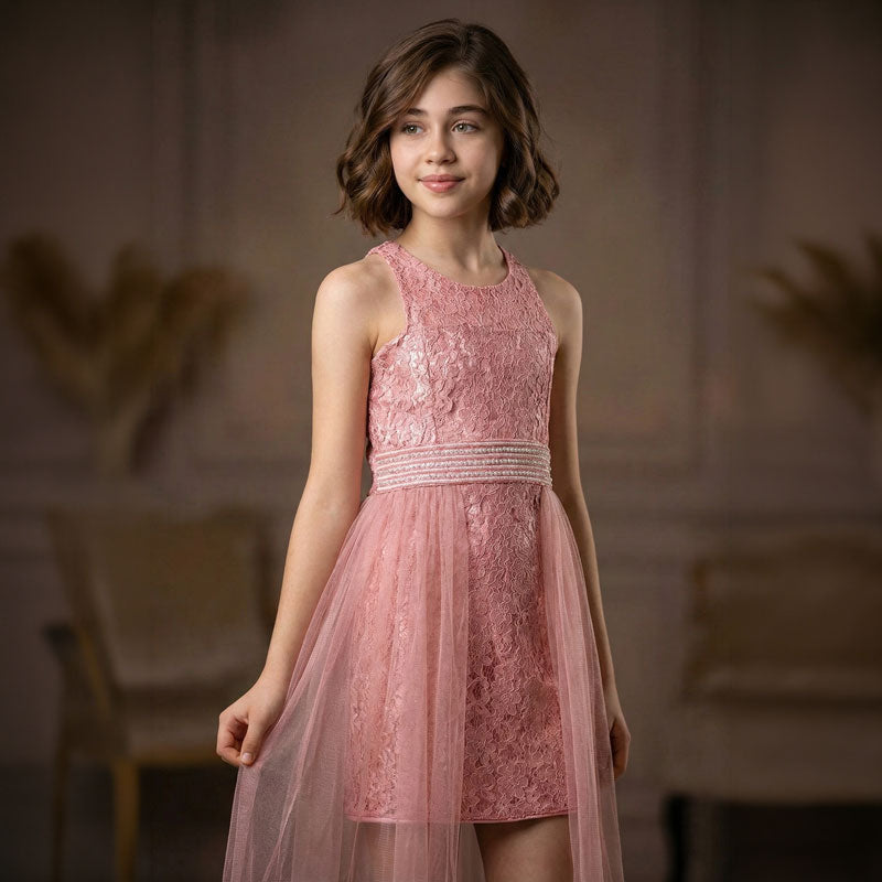 Kız Çocuk İnci Taşlı ve Tüllü Trend Abiye Elbise 18082