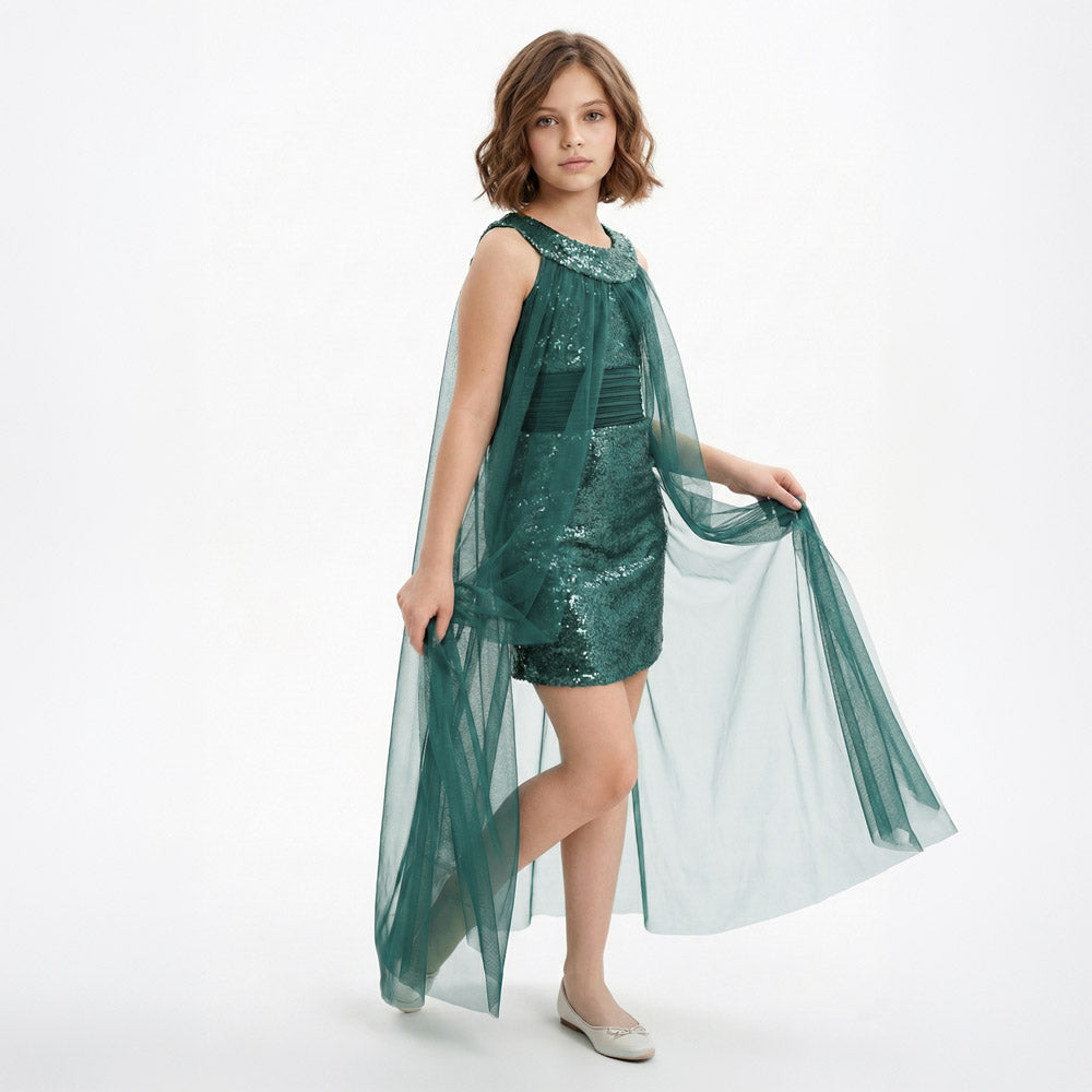 Kız Çocuk Abiye Payet İşlemeli ve Çıkabilir Tül Kuyruklu Yeşil Mezuniyet Elbisesi 83928