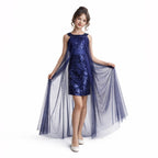 Lacivert Kız Çocuk Payet İşlemeli ve Çıkabilir Tül Kuyruklu Mezuniyet Elbisesi 83928