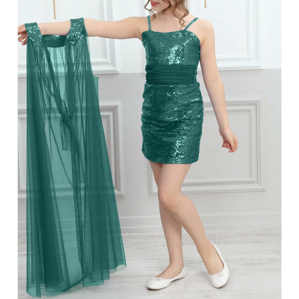 Kız Çocuk Abiye Payet İşlemeli ve Çıkabilir Tül Kuyruklu Yeşil Mezuniyet Elbisesi 83928