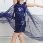 Lacivert Kız Çocuk Payet İşlemeli ve Çıkabilir Tül Kuyruklu Mezuniyet Elbisesi 83928