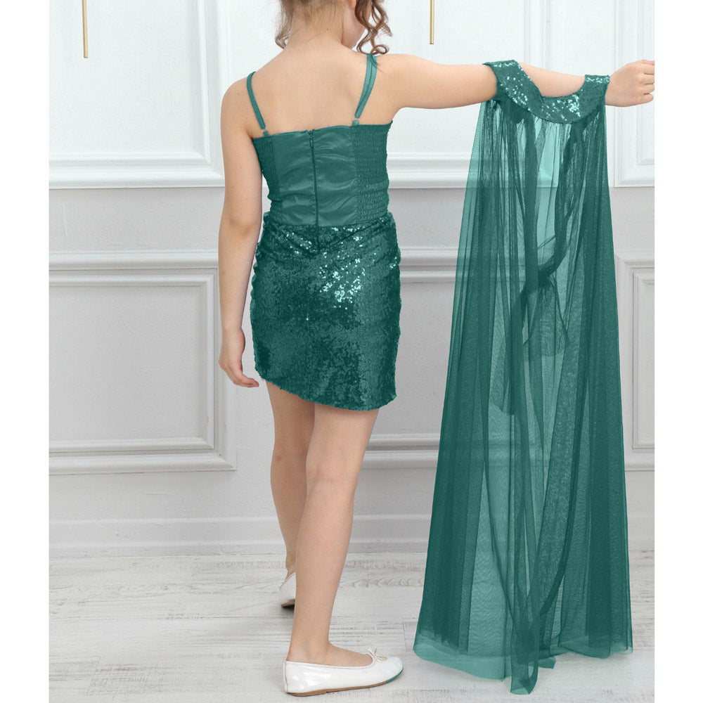 Kız Çocuk Abiye Payet İşlemeli ve Çıkabilir Tül Kuyruklu Yeşil Mezuniyet Elbisesi 83928