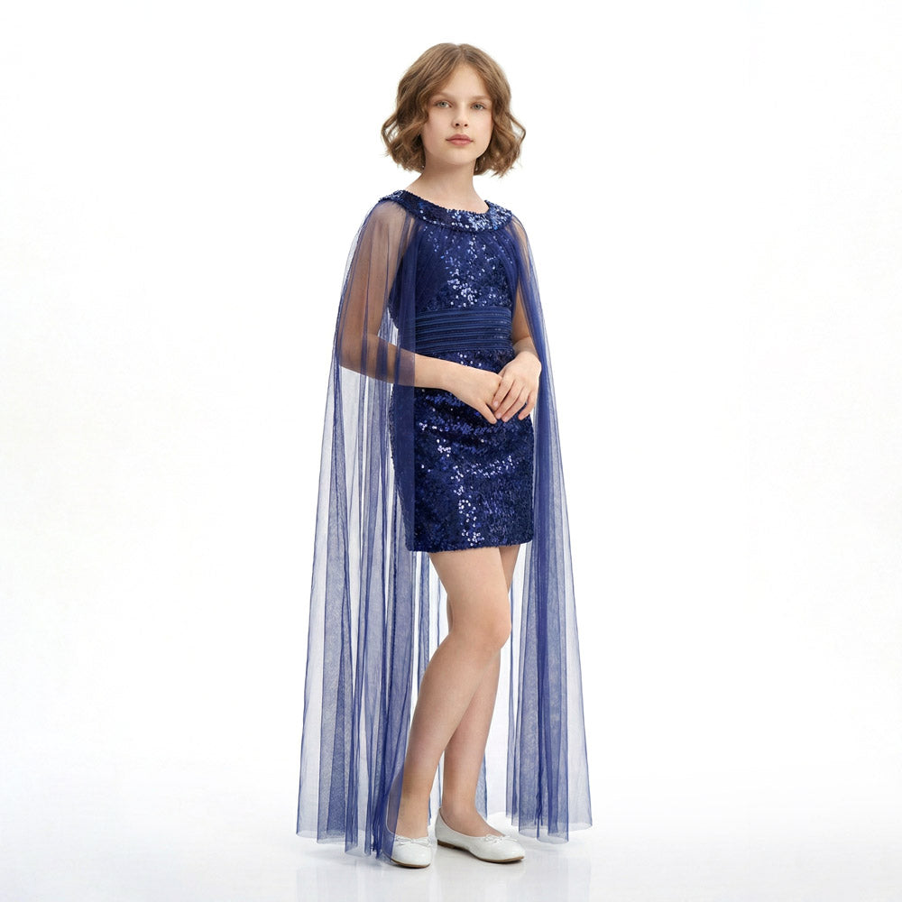 Lacivert Kız Çocuk Payet İşlemeli ve Çıkabilir Tül Kuyruklu Mezuniyet Elbisesi 83928