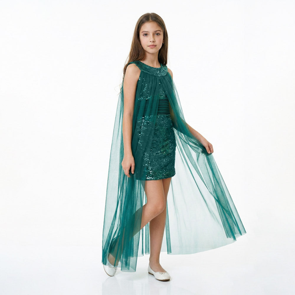 Kız Çocuk Abiye Payet İşlemeli ve Çıkabilir Tül Kuyruklu Yeşil Mezuniyet Elbisesi 83928