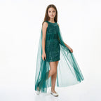 Kız Çocuk Abiye Payet İşlemeli ve Çıkabilir Tül Kuyruklu Yeşil Mezuniyet Elbisesi 83928