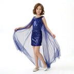 Lacivert Kız Çocuk Payet İşlemeli ve Çıkabilir Tül Kuyruklu Mezuniyet Elbisesi 83928