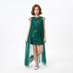 Kız Çocuk Abiye Payet İşlemeli ve Çıkabilir Tül Kuyruklu Yeşil Mezuniyet Elbisesi 83928