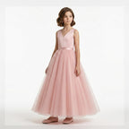  Pudra rengi anvelop V yaka saten ve tül detaylı kız çocuk abiye elbise önden görünüm