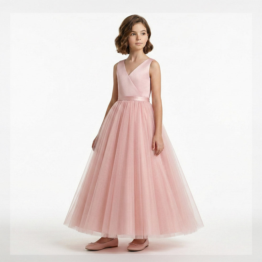  Pudra rengi anvelop V yaka saten ve tül detaylı kız çocuk abiye elbise önden görünüm