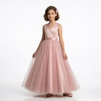  Pudra rengi anvelop V yaka saten ve tül detaylı kız çocuk abiye elbise önden görünüm