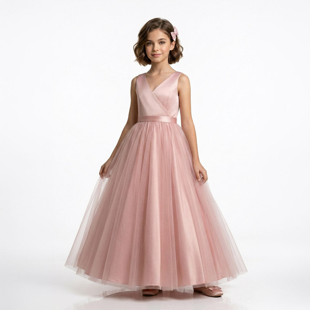  Pudra rengi anvelop V yaka saten ve tül detaylı kız çocuk abiye elbise önden görünüm