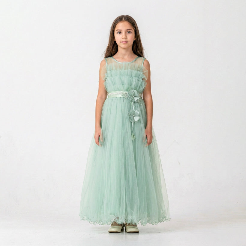 Kız Çocuk Robası Katlı ve Gipe Sırtlı Uzun Tül Prenses Abiye Elbise