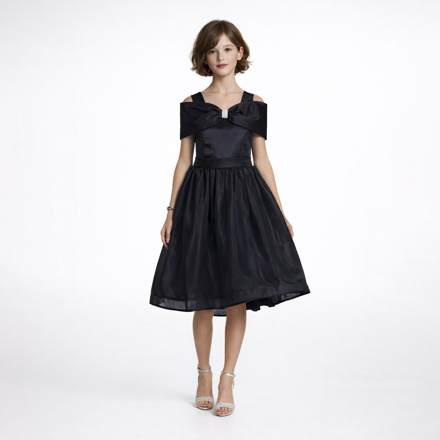 Kız Çocuk Beyaz Saten Tüllü ve Fiyonklu Prenses Abiye Elbise 81433