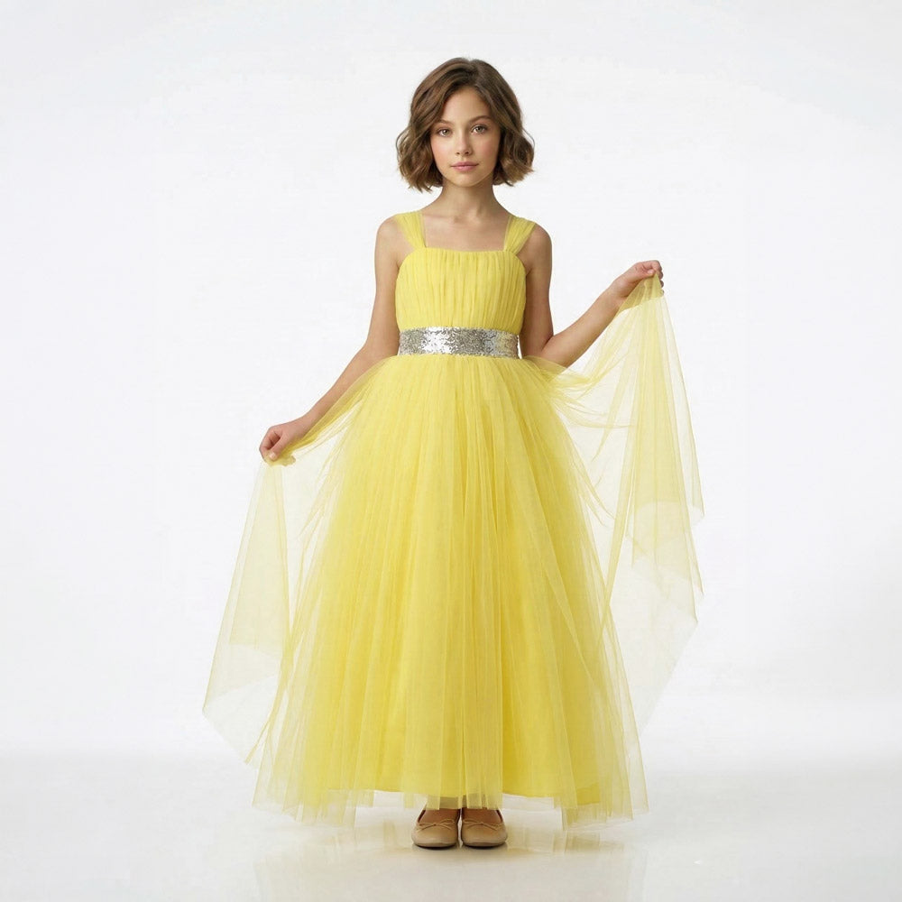 Kız Çocuk Sırtı Gipeli Tütü Etekli Payet Kemerli Uzun Abiye Elbise  74429