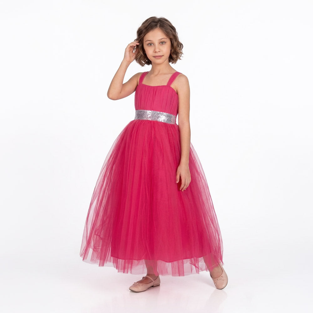 Kız Çocuk Sırtı Gipeli Tütü Etekli Payet Kemerli Uzun Abiye Elbise 74429