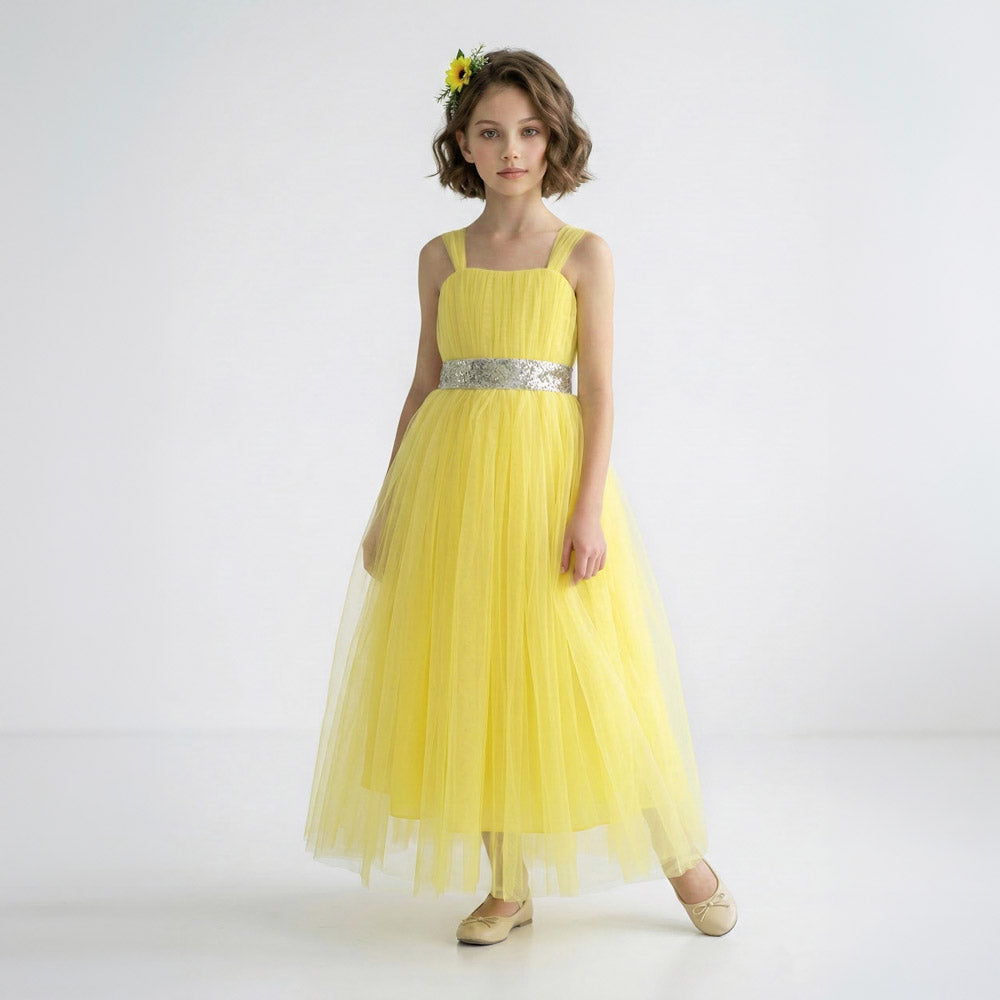 Kız Çocuk Sırtı Gipeli Tütü Etekli Payet Kemerli Uzun Abiye Elbise