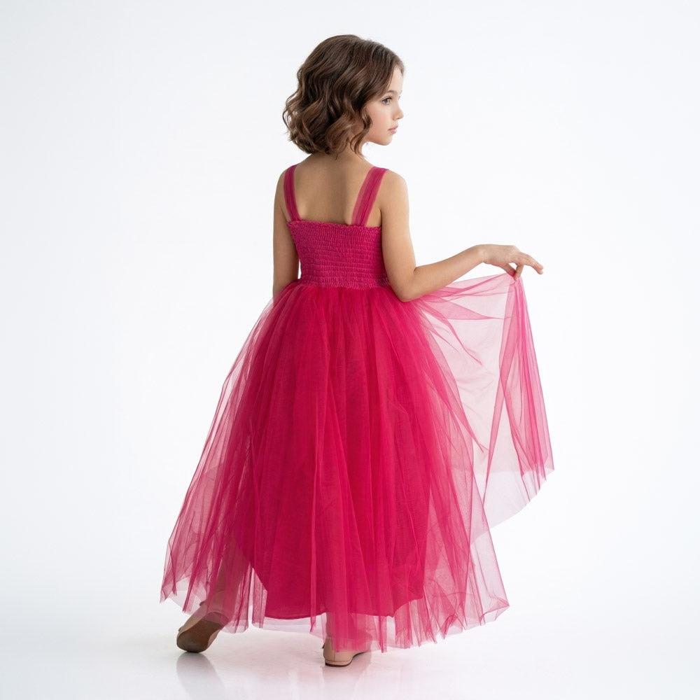 Kız Çocuk Sırtı Gipeli Tütü Etekli Payet Kemerli Uzun Abiye Elbise