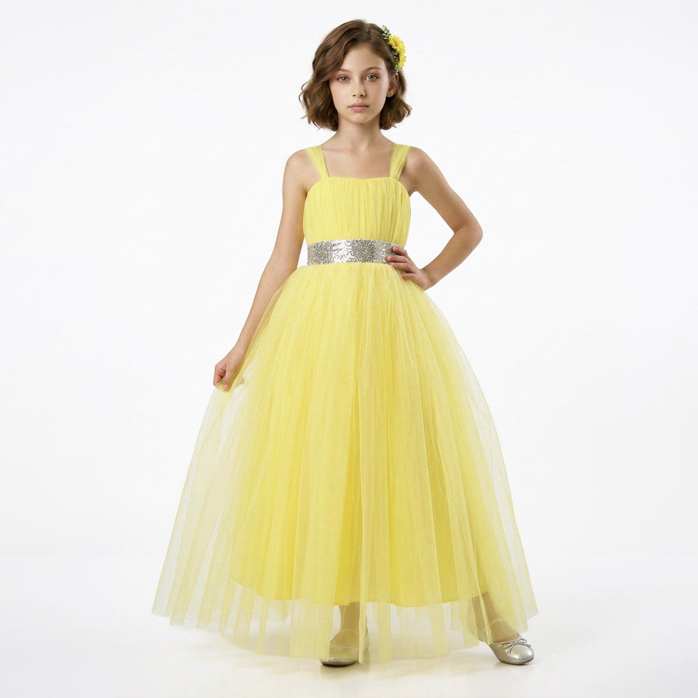 Kız Çocuk Sırtı Gipeli Tütü Etekli Payet Kemerli Uzun Abiye Elbise