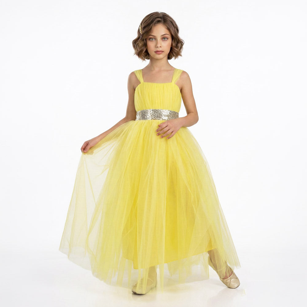 Kız Çocuk Sırtı Gipeli Tütü Etekli Payet Kemerli Uzun Abiye Elbise  74429