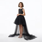 Kız Çocuk Siyah Asimetrik Kesim Kuyruklu Tül Abiye Elbise