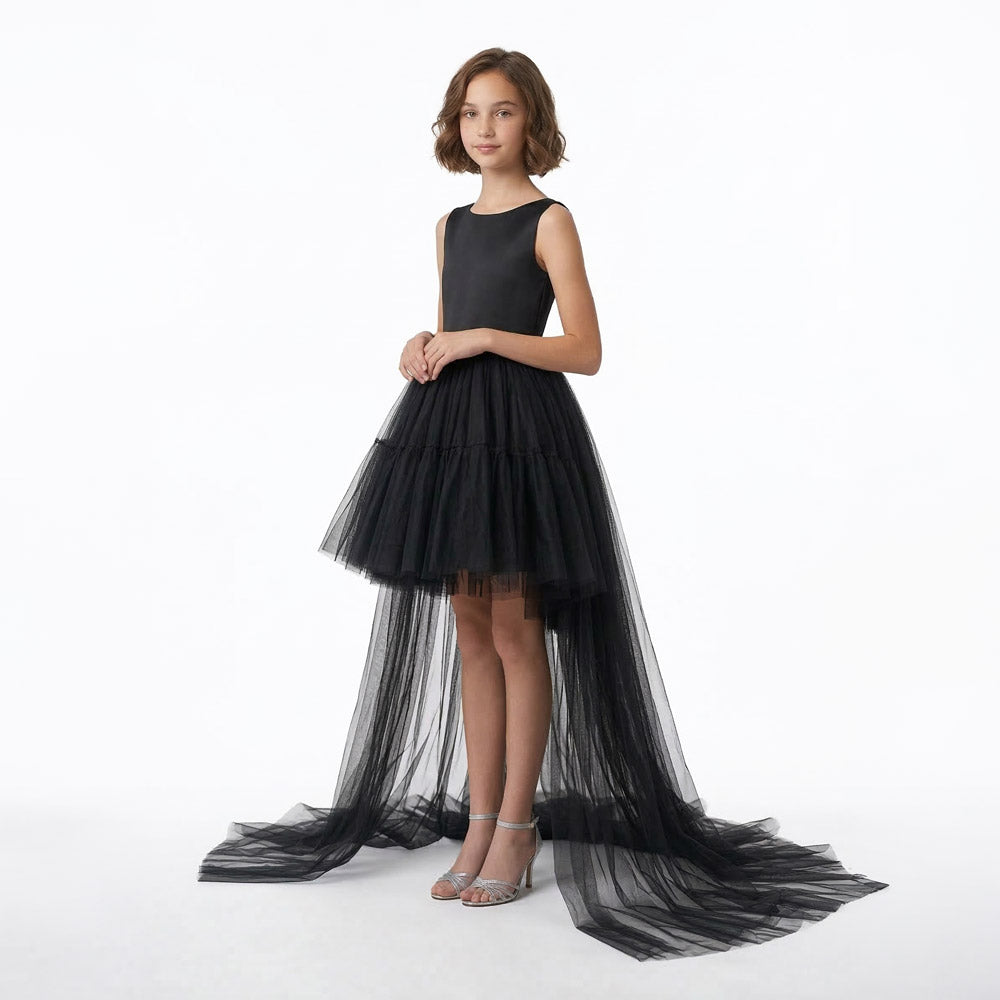Kız Çocuk Siyah Asimetrik Kesim Kuyruklu Tül Abiye Elbise