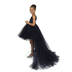 Kız Çocuk Siyah Asimetrik Kesim Kuyruklu Tül Abiye Elbise