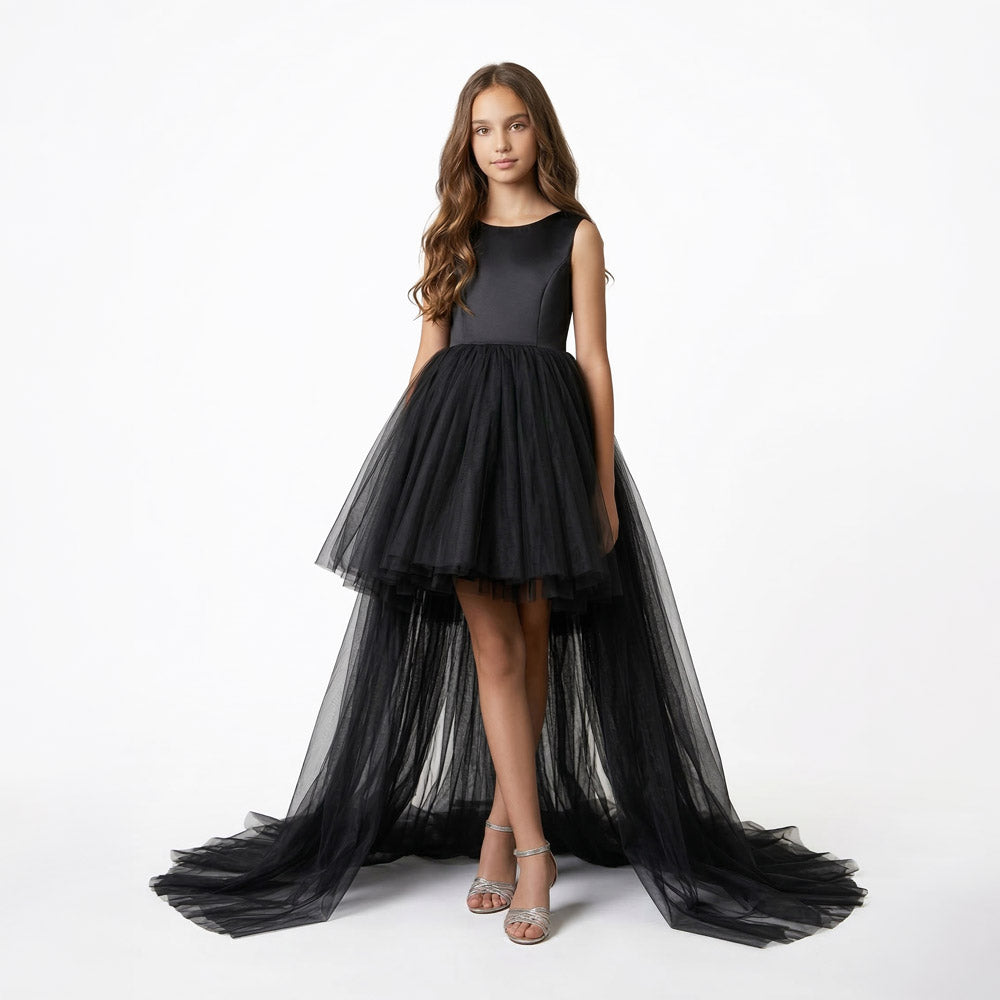Kız Çocuk Siyah Asimetrik Kesim Kuyruklu Tül Abiye Elbise